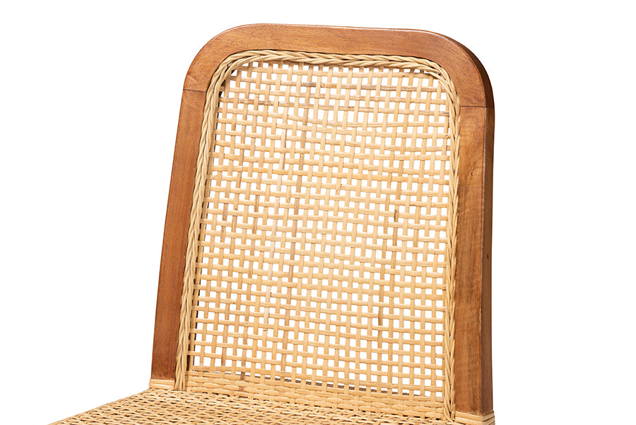 bali & pari Caspia Mid-Century Modern Walnut Brown Mahogany Wood and Natural Rattan 2-Piece Dining Chair Set