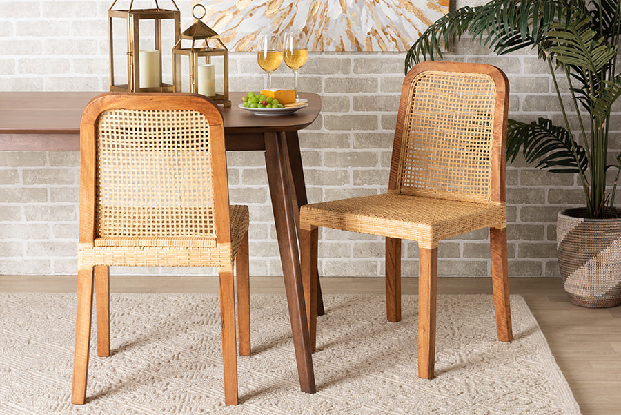 bali & pari Caspia Mid-Century Modern Walnut Brown Mahogany Wood and Natural Rattan 2-Piece Dining Chair Set
