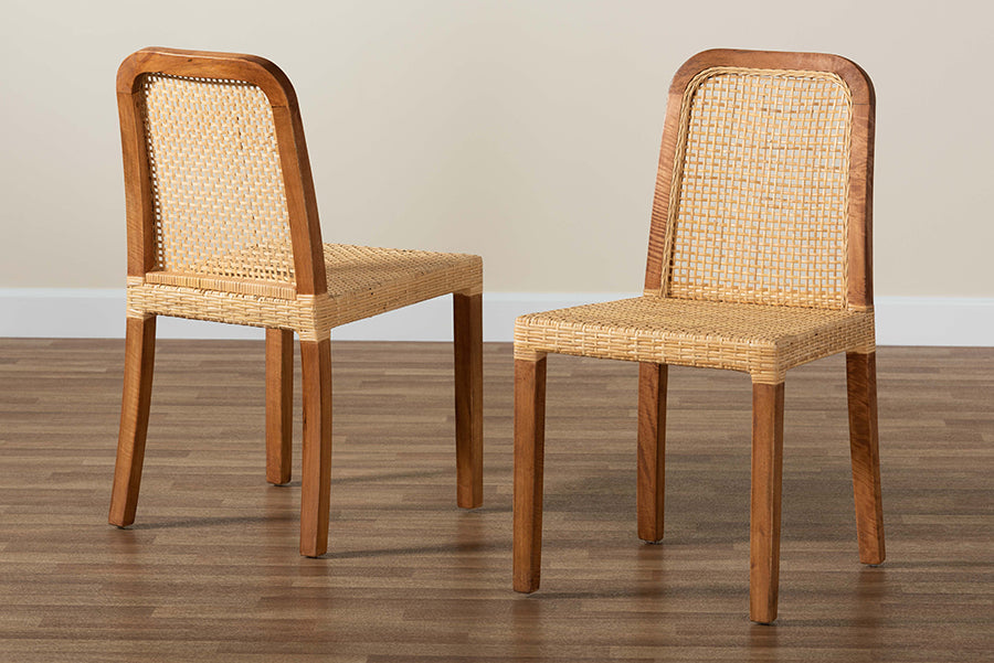 bali & pari Caspia Mid-Century Modern Walnut Brown Mahogany Wood and Natural Rattan 2-Piece Dining Chair Set