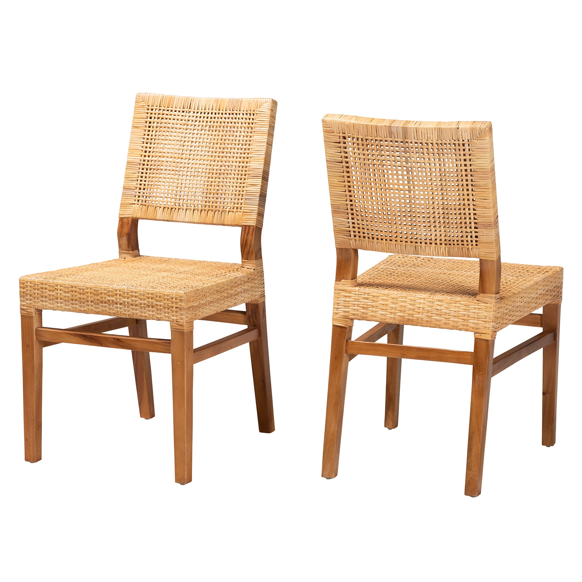 bali & pari Lesia Modern Bohemian Natural Brown Rattan and Walnut Brown Mahogany Wood 2-Piece Dining Chair Set