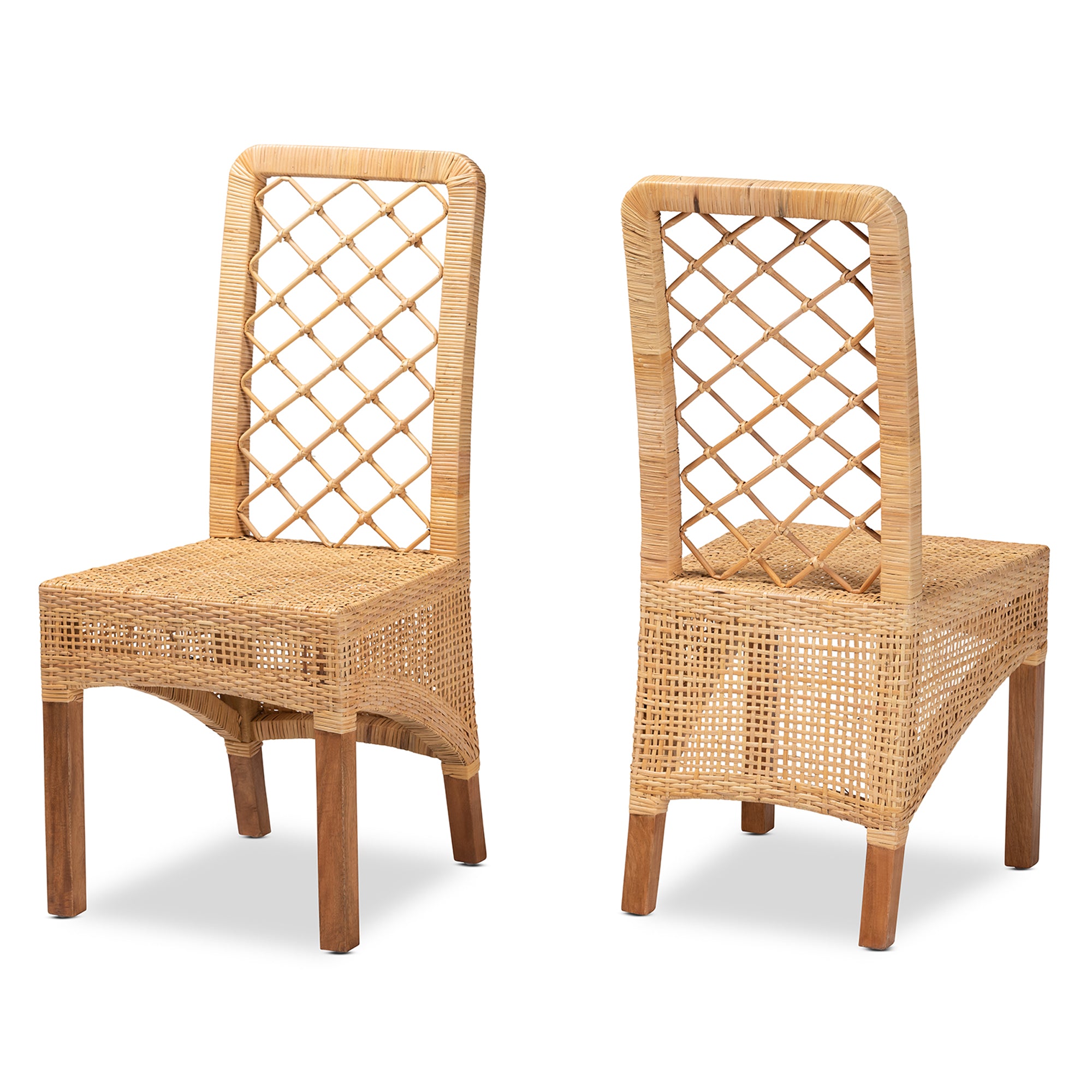 bali & pari Moscow Modern Bohemian Natural Brown Rattan and Walnut Brown Mahogany Wood 2-Piece Dining Chair Set