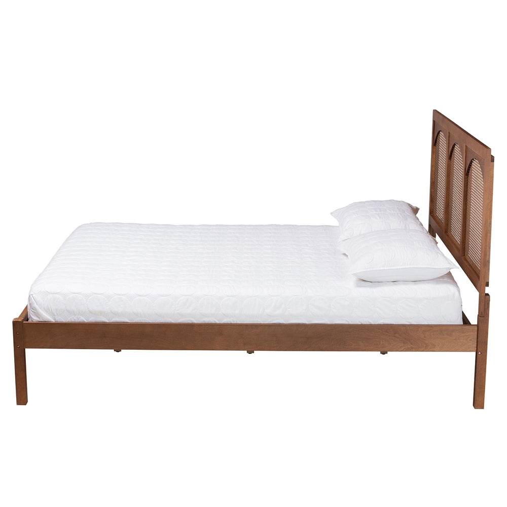 Blossom Classic and Traditional Ash Walnut Finished Wood And Rattan Queen Size Platform Bed