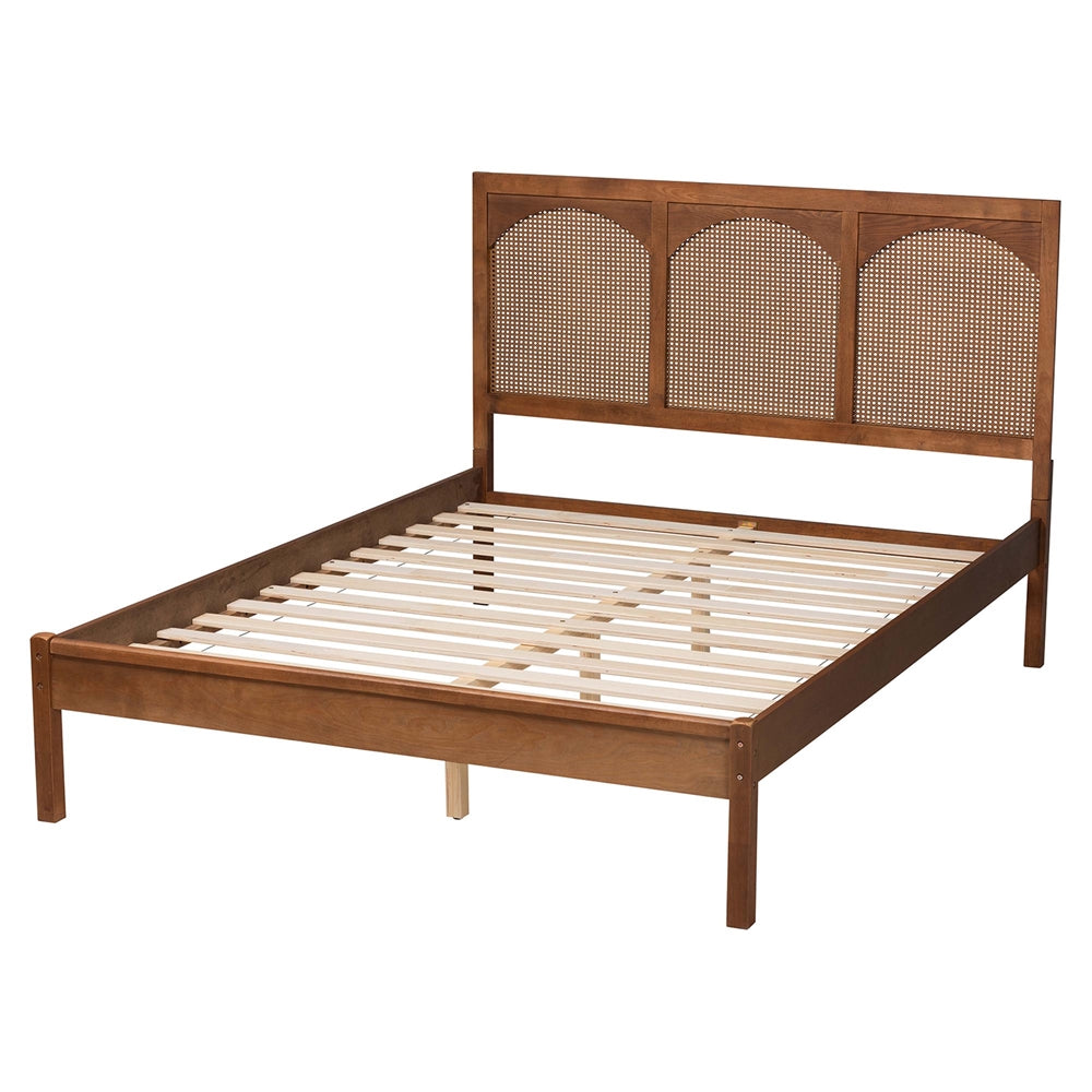 Blossom Classic and Traditional Ash Walnut Finished Wood And Rattan Queen Size Platform Bed