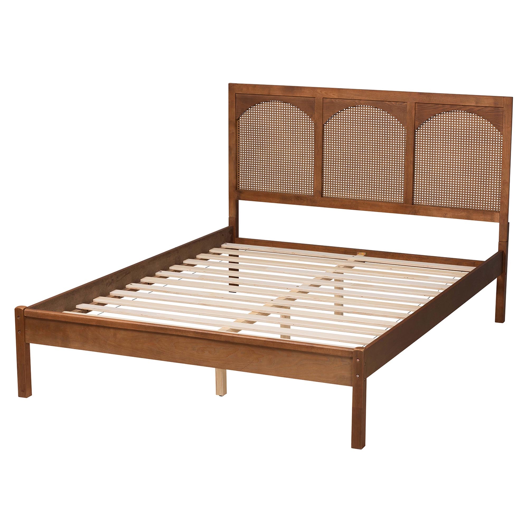 Merk Queen Traditional Wood Platform Bed – Ash Walnut Finish Woven Rattan