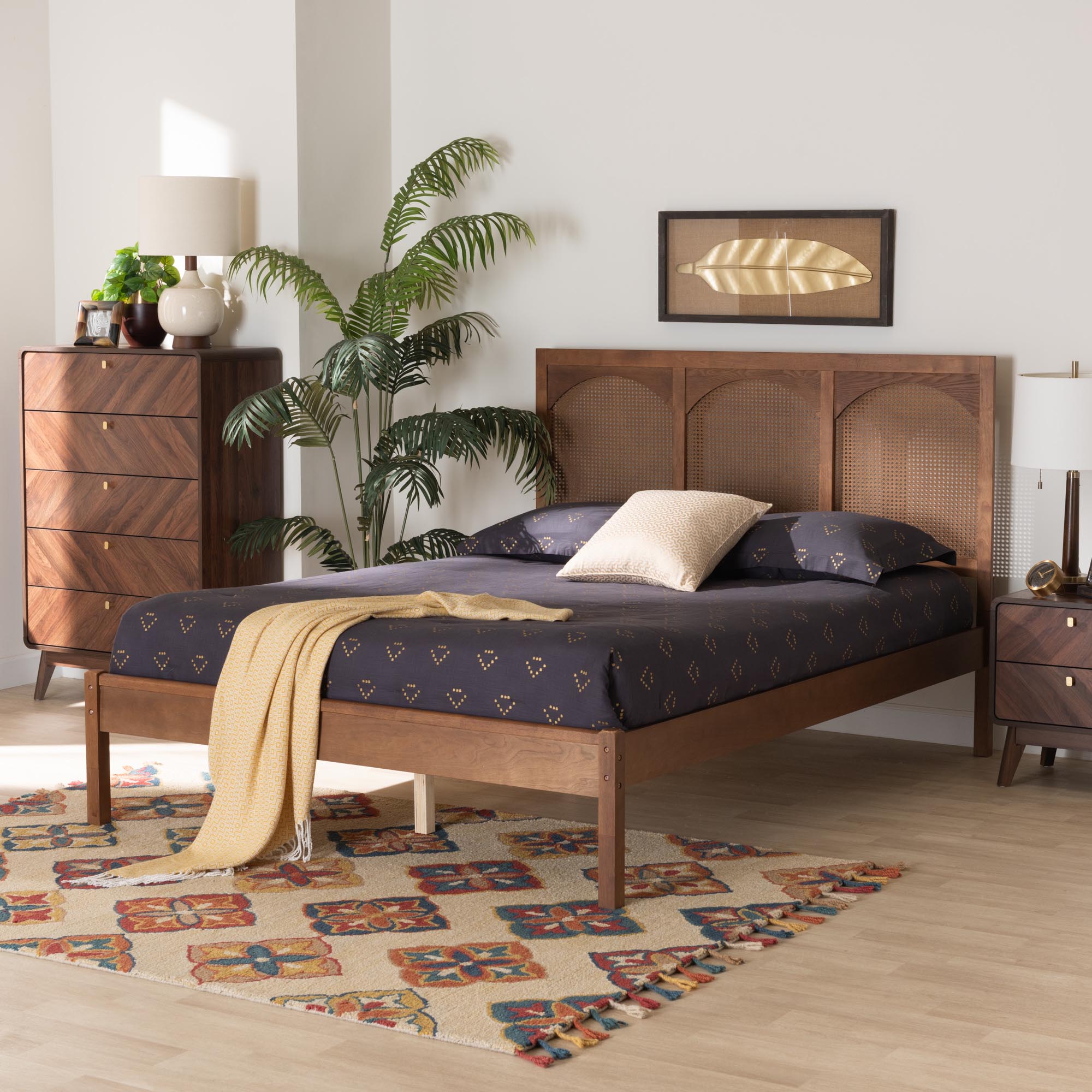 Blossom Classic and Traditional Ash Walnut Finished Wood And Rattan Queen Size Platform Bed