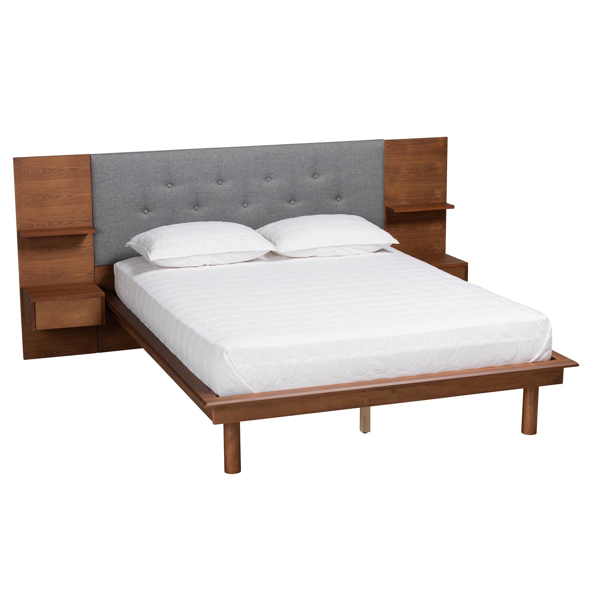 Eliana Grey Fabric And Ash Walnut Finished Wood Queen Size Platform Storage Bed With Built-in Nightstands