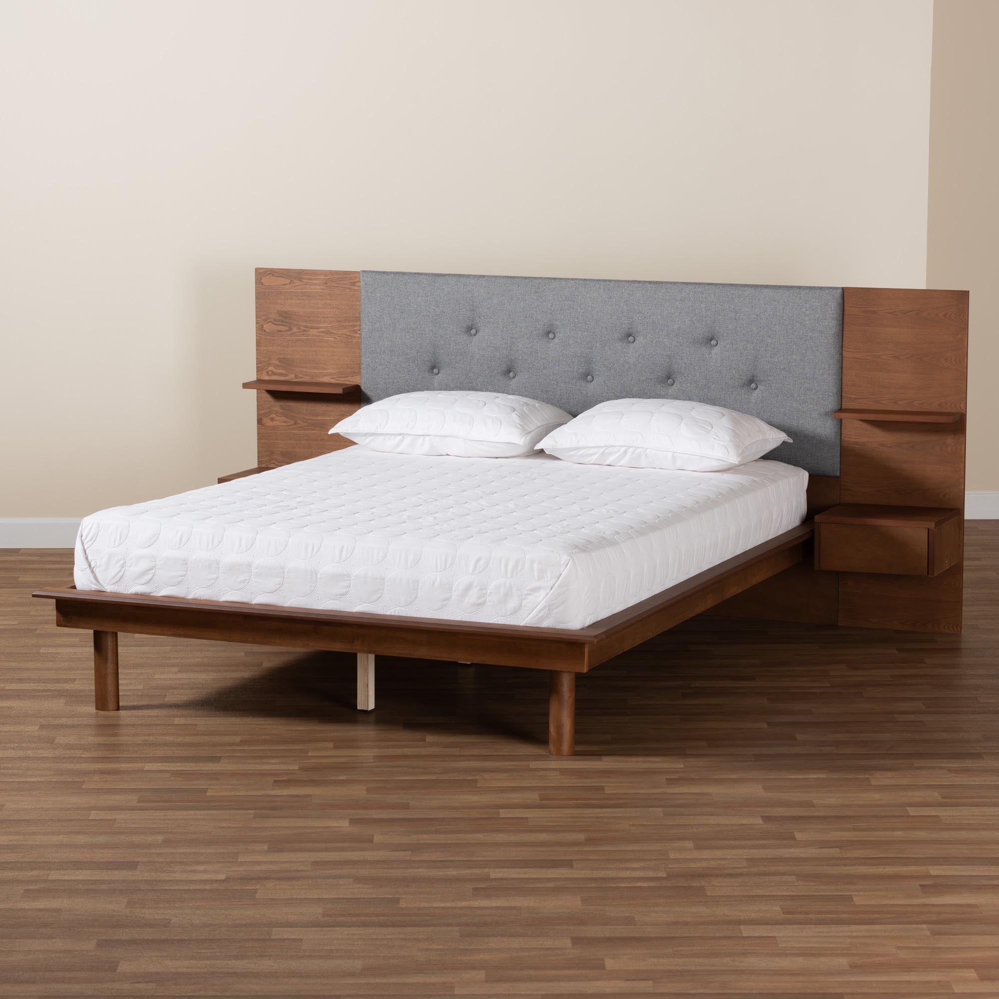 Eliana Grey Fabric And Ash Walnut Finished Wood Queen Size Platform Storage Bed With Built-in Nightstands