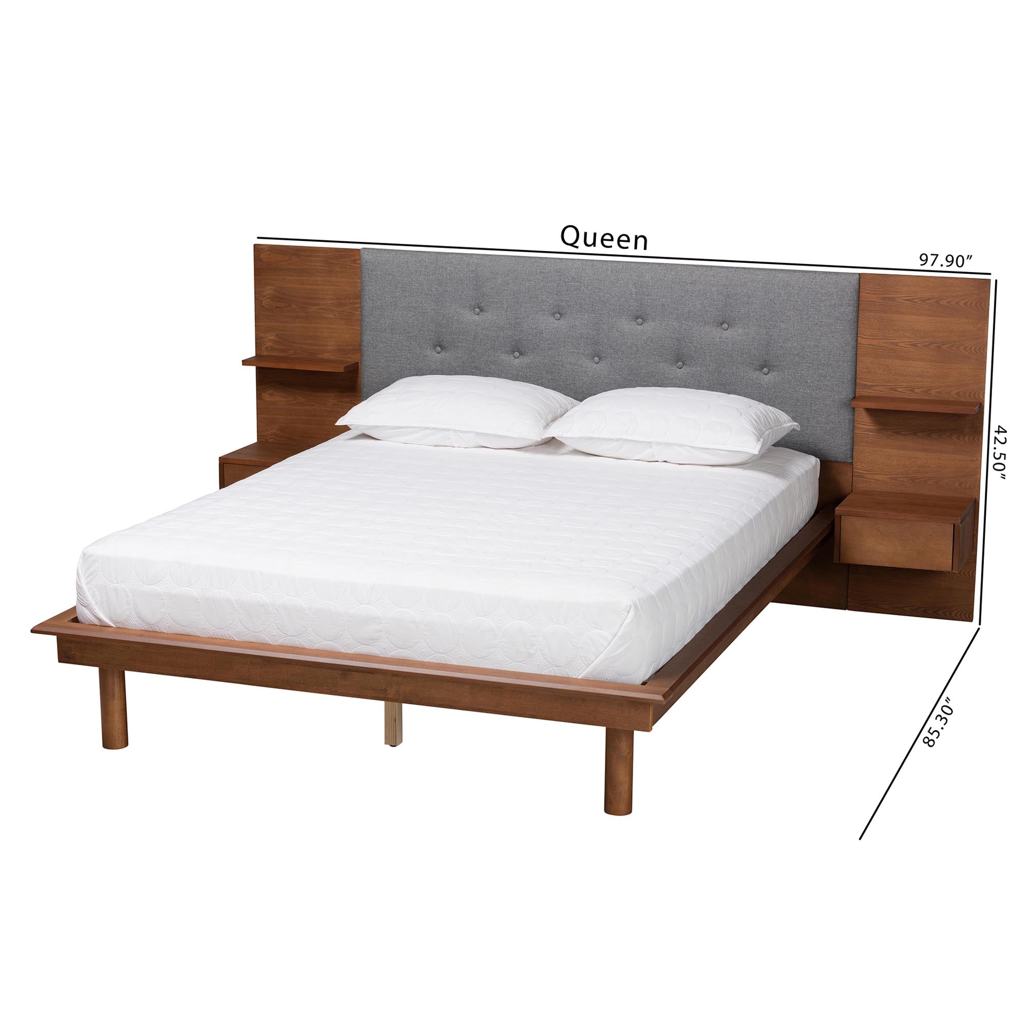 Eliana Grey Fabric And Ash Walnut Finished Wood Queen Size Platform Storage Bed With Built-in Nightstands