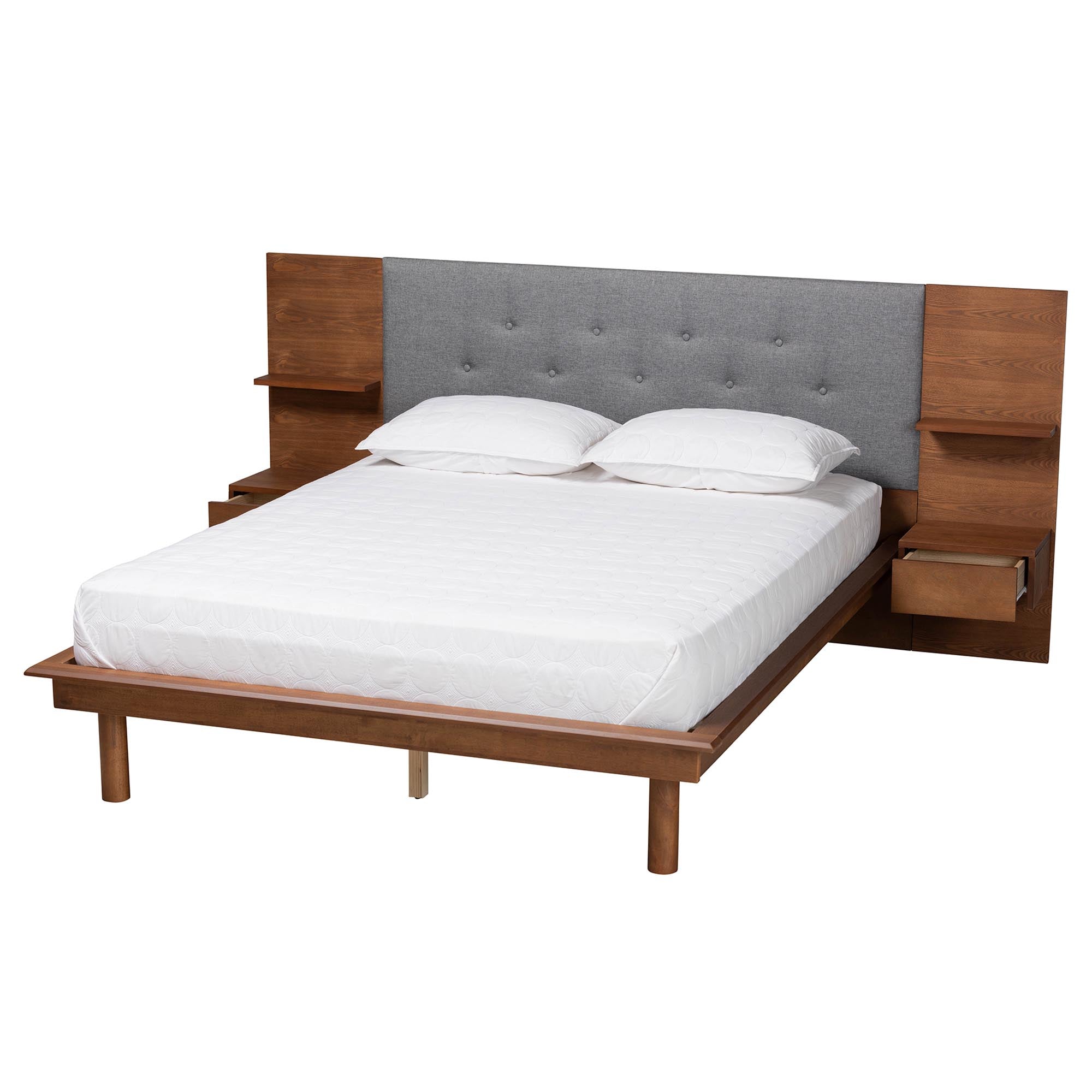 Eliana Grey Fabric And Ash Walnut Finished Wood Queen Size Platform Storage Bed With Built-in Nightstands