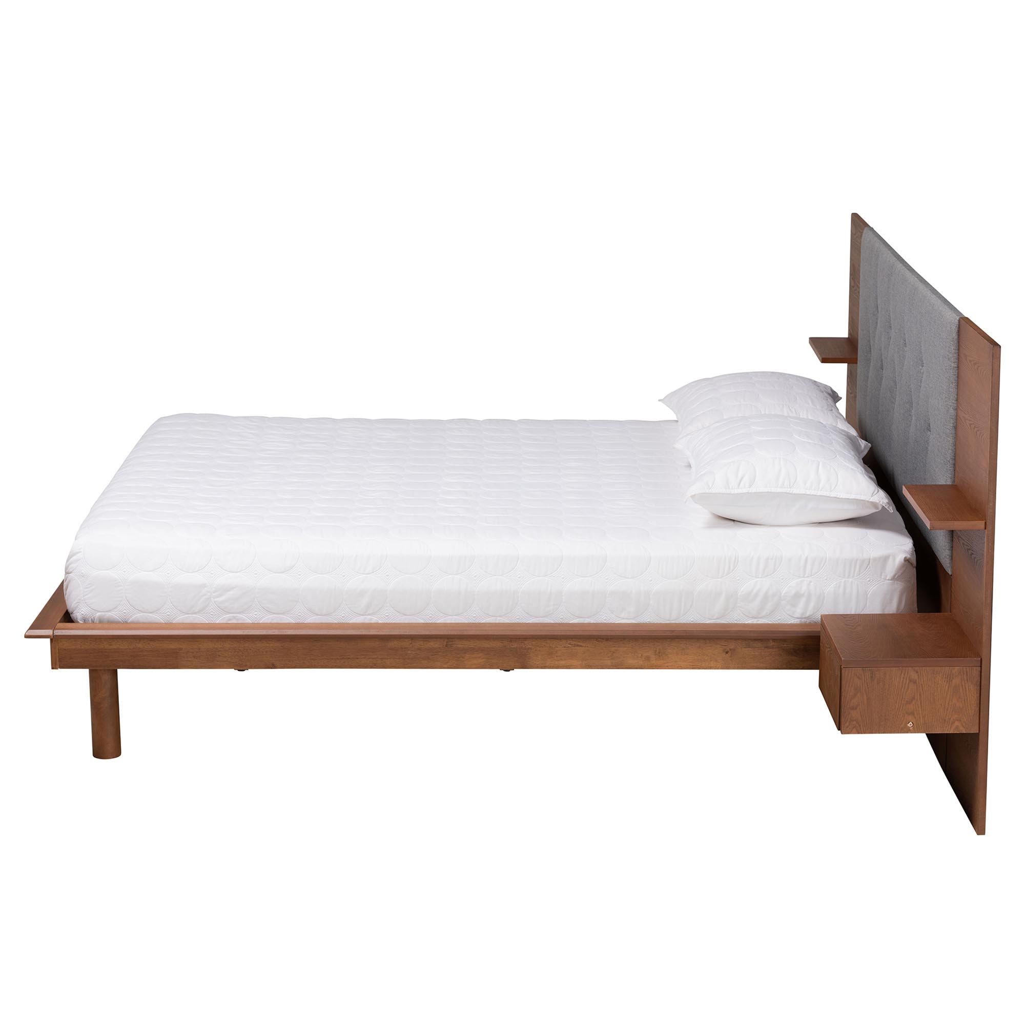 Eliana Grey Fabric And Ash Walnut Finished Wood Queen Size Platform Storage Bed With Built-in Nightstands