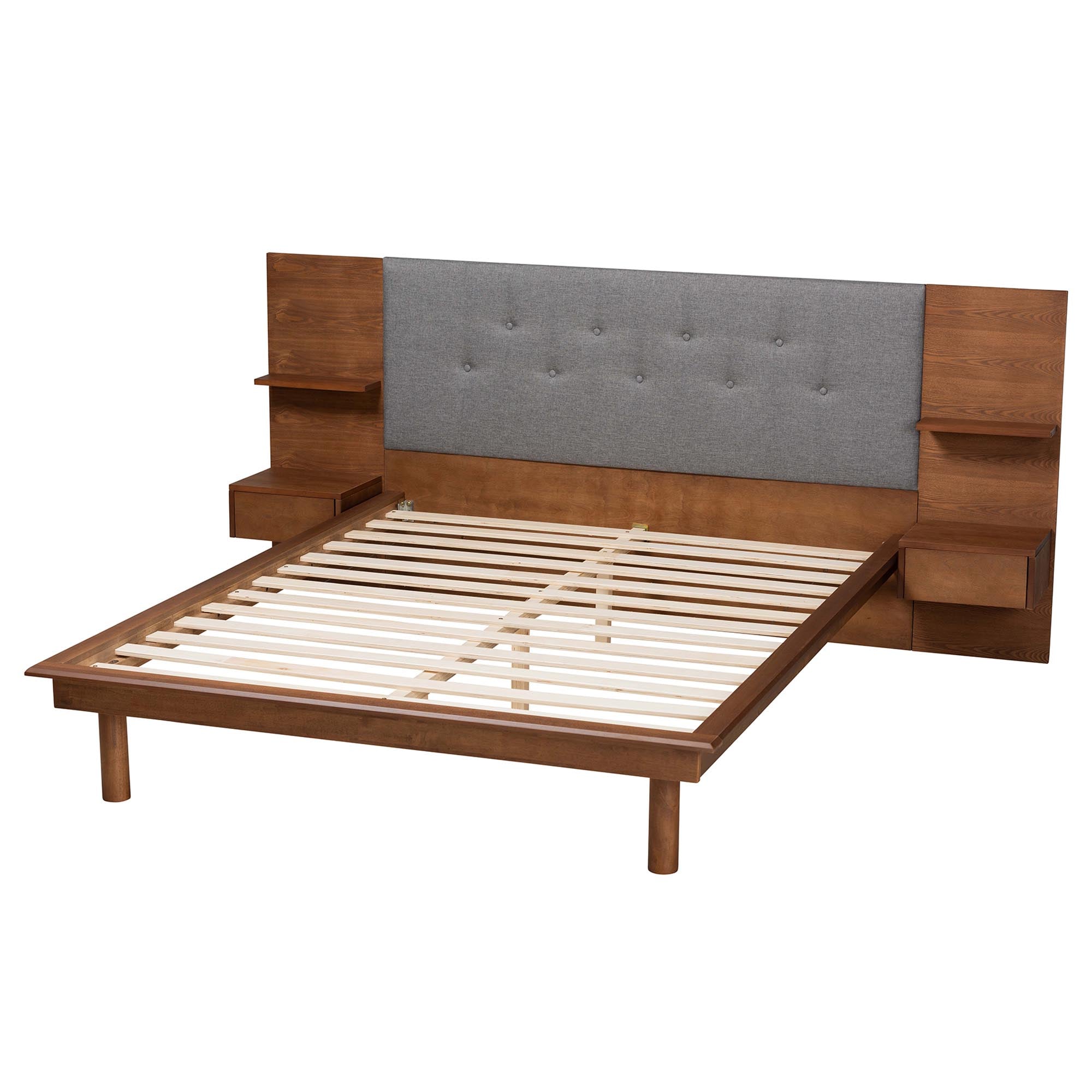 Eliana Grey Fabric And Ash Walnut Finished Wood Queen Size Platform Storage Bed With Built-in Nightstands