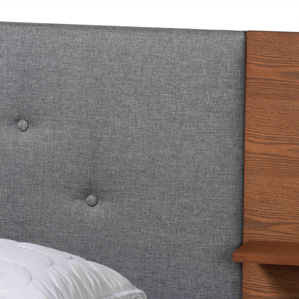 Eliana Grey Fabric And Ash Walnut Finished Wood Queen Size Platform Storage Bed With Built-in Nightstands