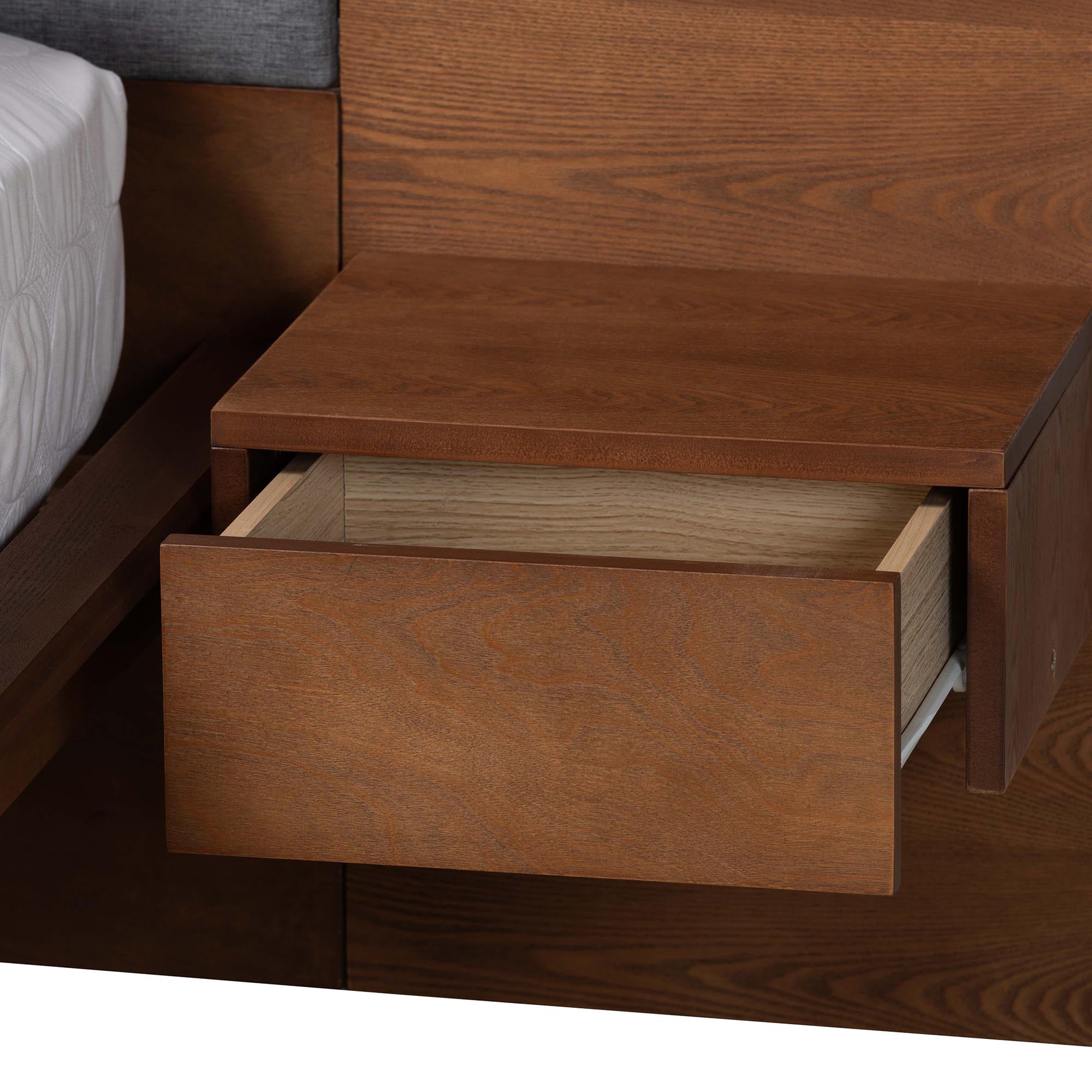 Eliana Grey Fabric And Ash Walnut Finished Wood Queen Size Platform Storage Bed With Built-in Nightstands