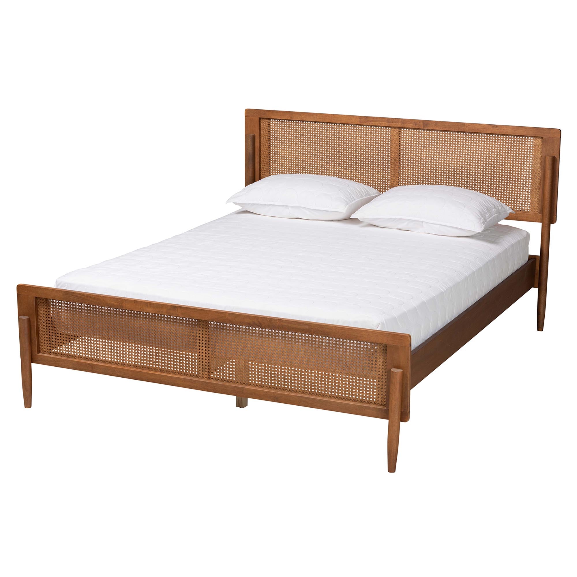 Karel Queen Platform Bed Frame – Mid-Century Walnut Wood with Woven Rattan