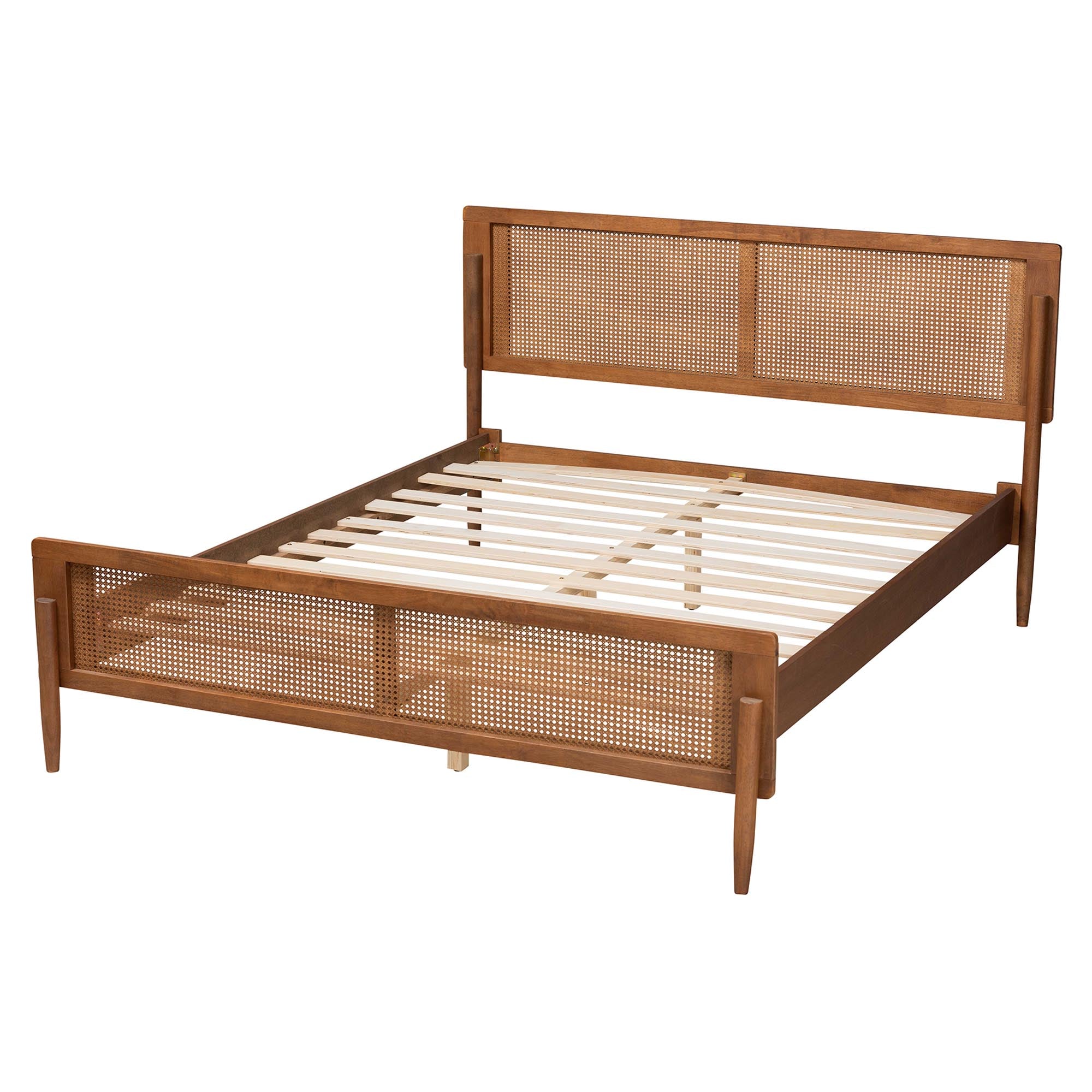Karel Queen Platform Bed Frame – Mid-Century Walnut Wood with Woven Rattan