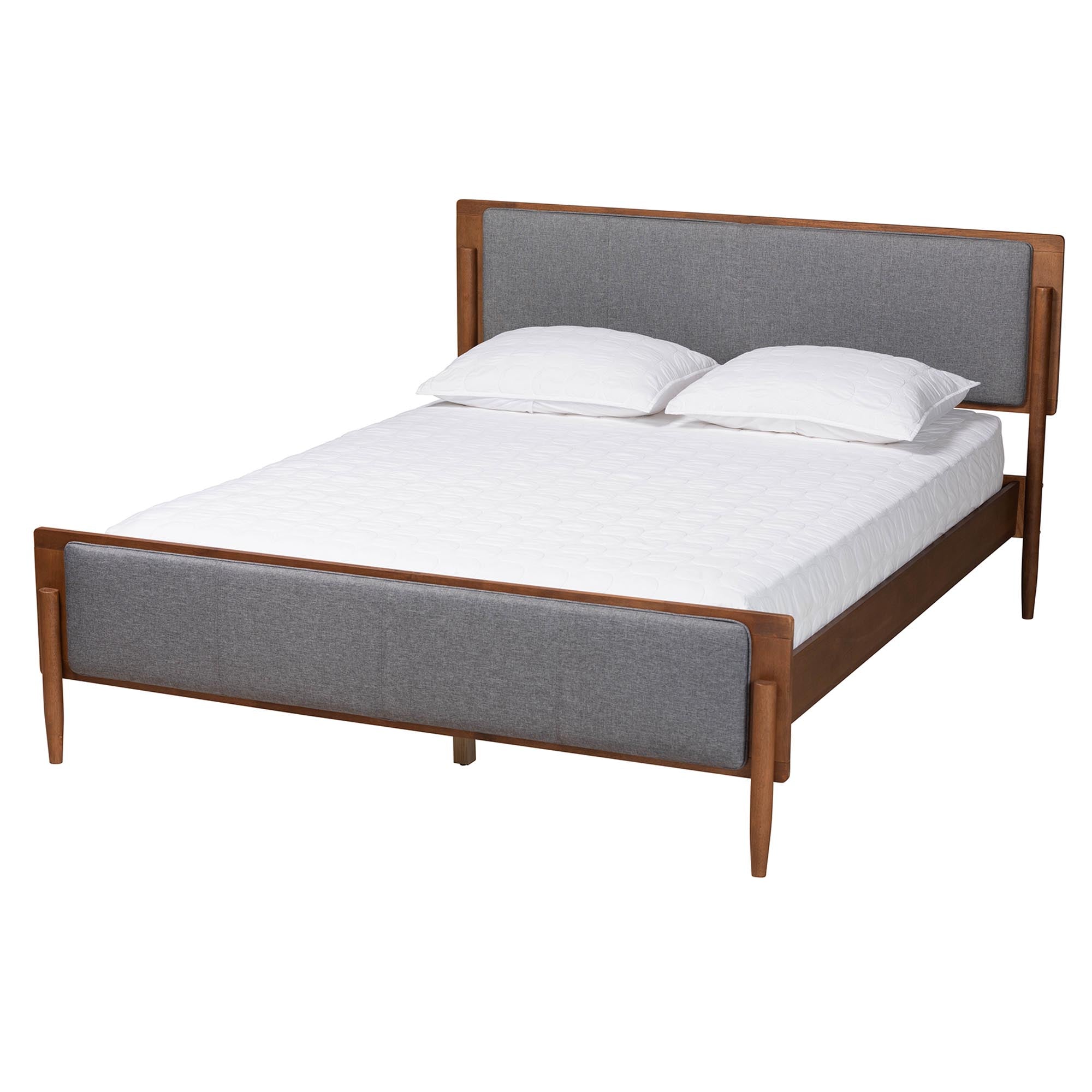Rick King Grey Fabric & Walnut Wood Platform Bed  Mid-Century Modern No Box Spring