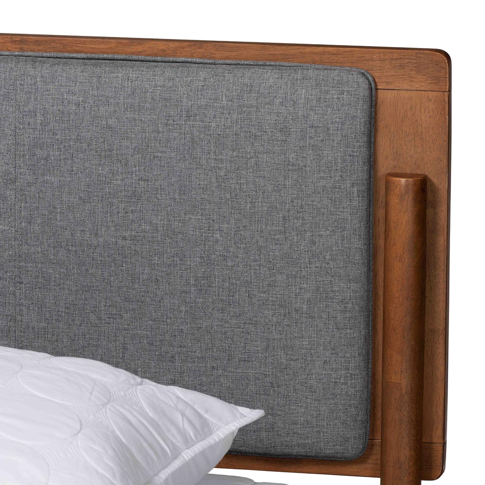 Powers Mid-Century Modern Grey Fabric And Ash Walnut Finished Wood Queen Size Platform Bed