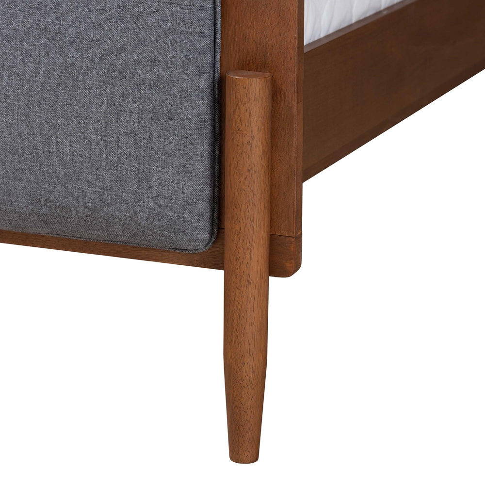 Powers Mid-Century Modern Grey Fabric And Ash Walnut Finished Wood Queen Size Platform Bed