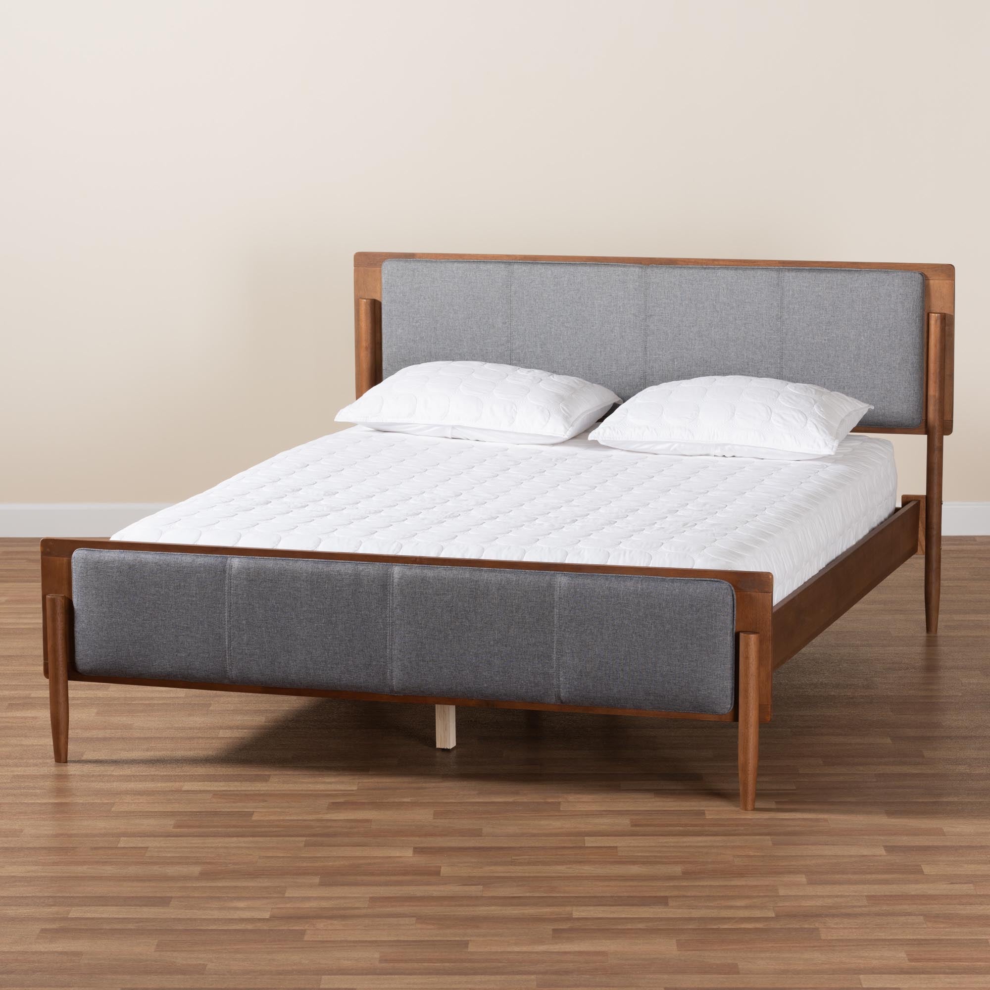 Powers Mid-Century Modern Grey Fabric And Ash Walnut Finished Wood Queen Size Platform Bed