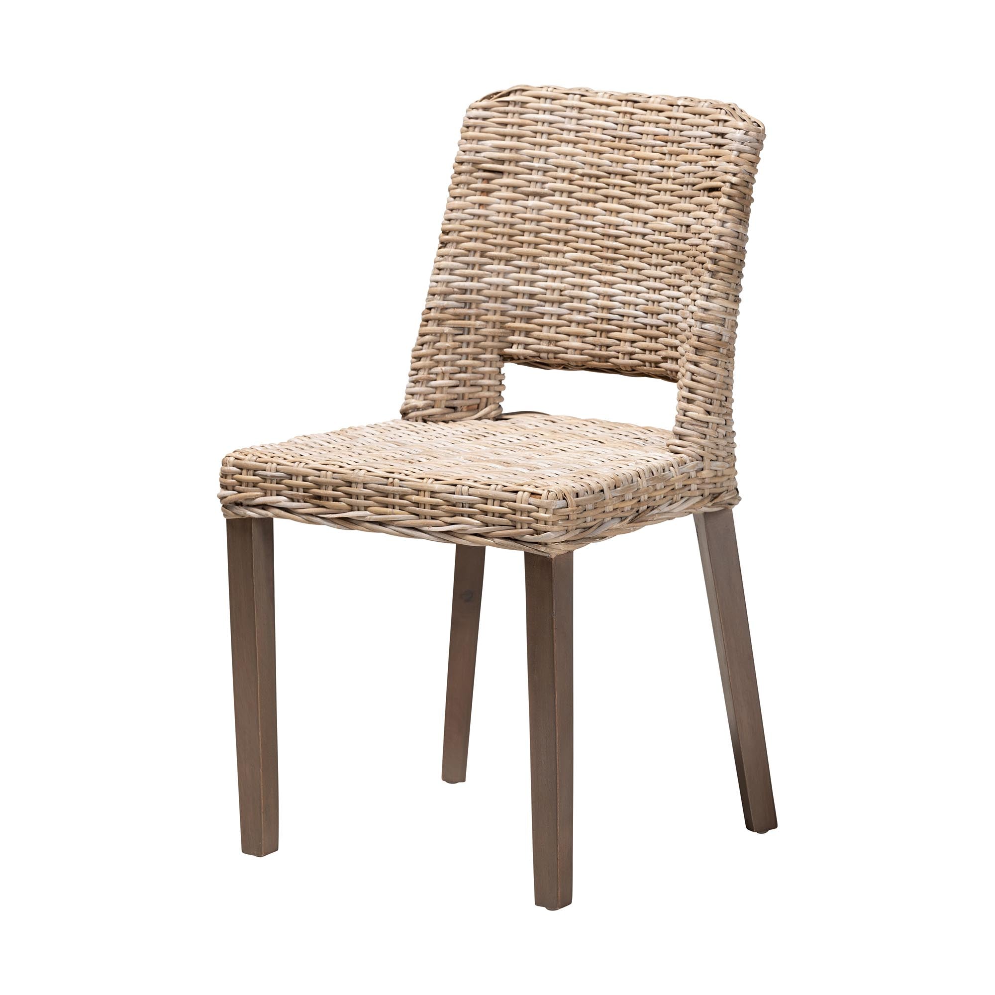 bali & pari Magy Modern Bohemian Grey Rattan and Natural Brown Finished Wood Dining Chair