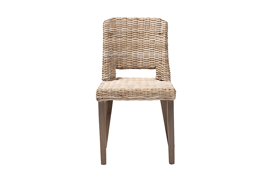 bali & pari Magy Modern Bohemian Grey Rattan and Natural Brown Finished Wood Dining Chair