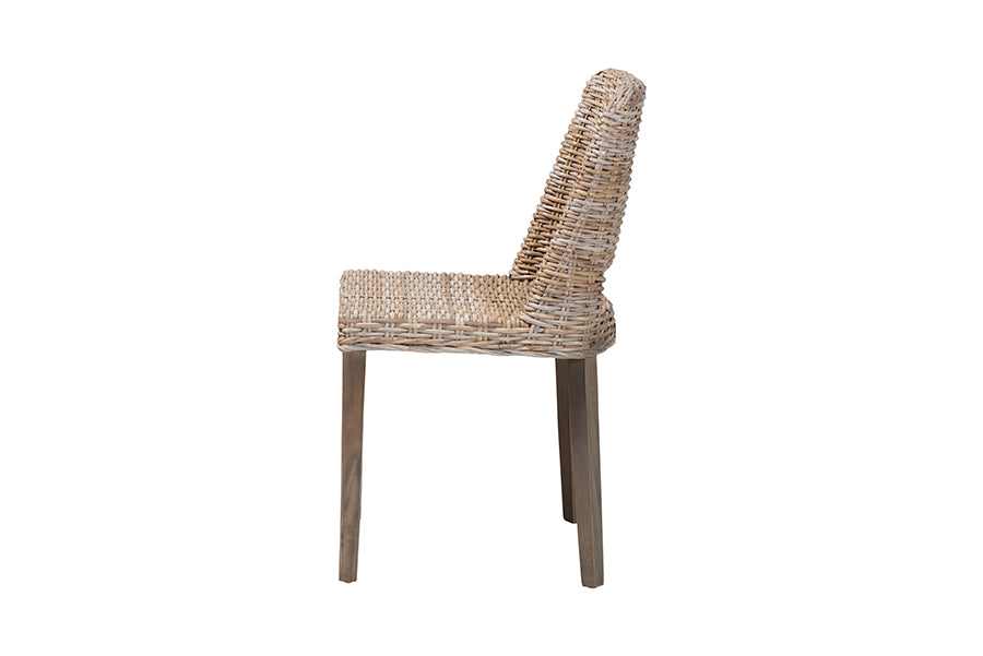 bali & pari Magy Modern Bohemian Grey Rattan and Natural Brown Finished Wood Dining Chair