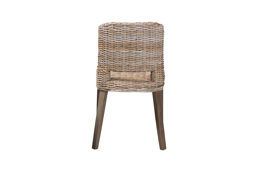 bali & pari Magy Modern Bohemian Grey Rattan and Natural Brown Finished Wood Dining Chair