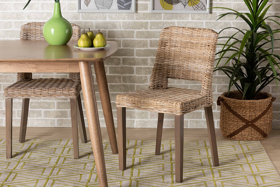bali & pari Magy Modern Bohemian Grey Rattan and Natural Brown Finished Wood Dining Chair