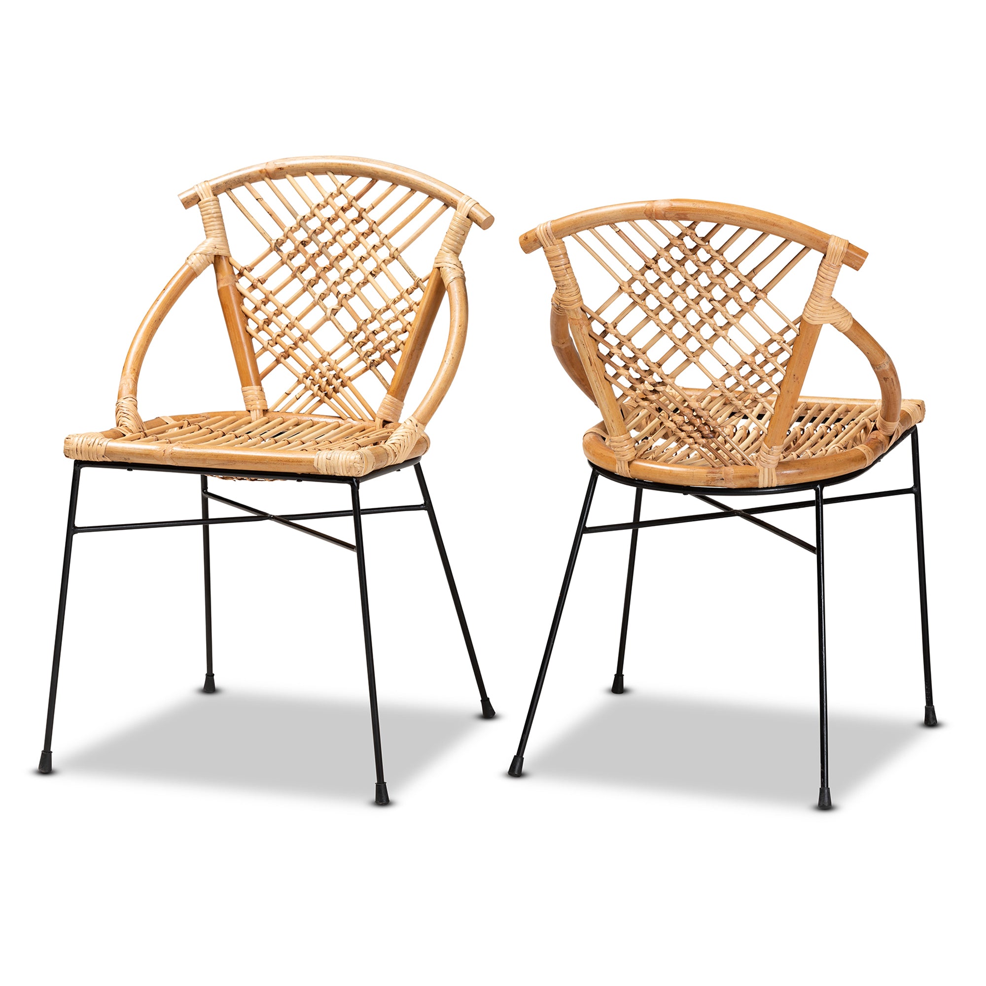 bali & pari Pro Modern Bohemian Natural Brown Rattan and Black Metal 2-Piece Dining Chair Set