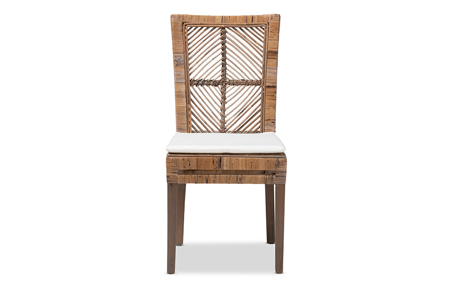 bali & pari Laluna Modern Bohemian Greywashed Natural Rattan and Mahogany Dining Chair with Cushion