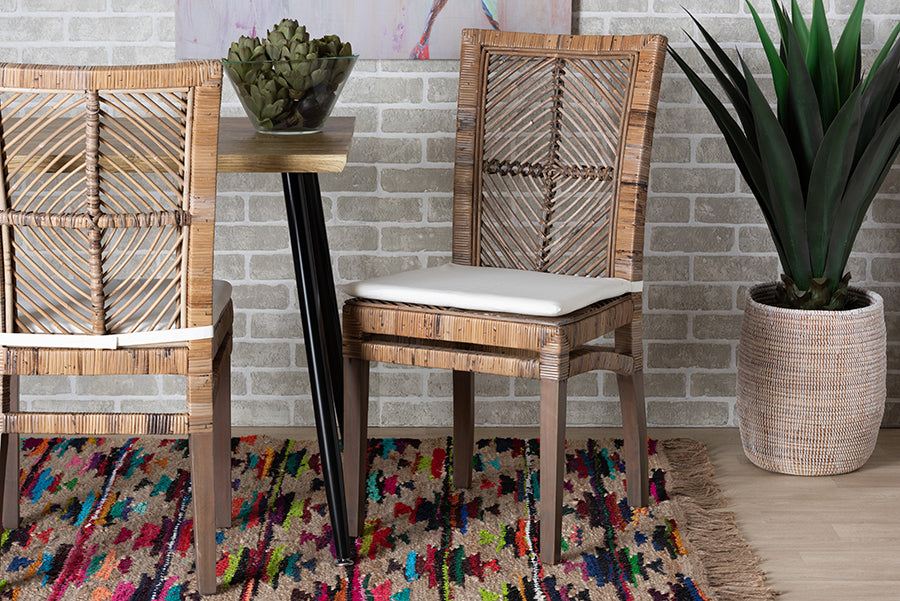 bali & pari Laluna Modern Bohemian Greywashed Natural Rattan and Mahogany Dining Chair with Cushion