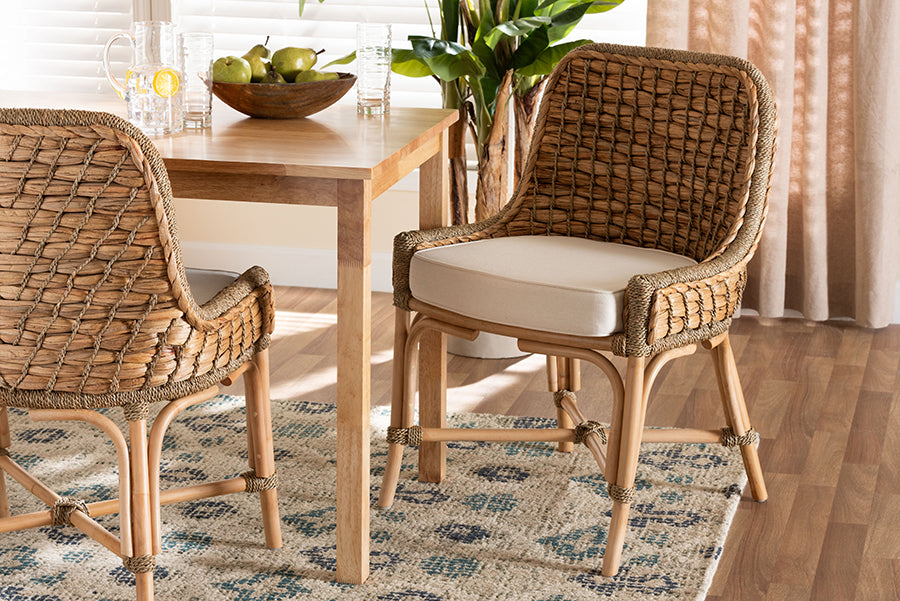 bali & pari Kyle Modern Bohemian Natural Brown Woven Rattan Dining Side Chair With Cushion