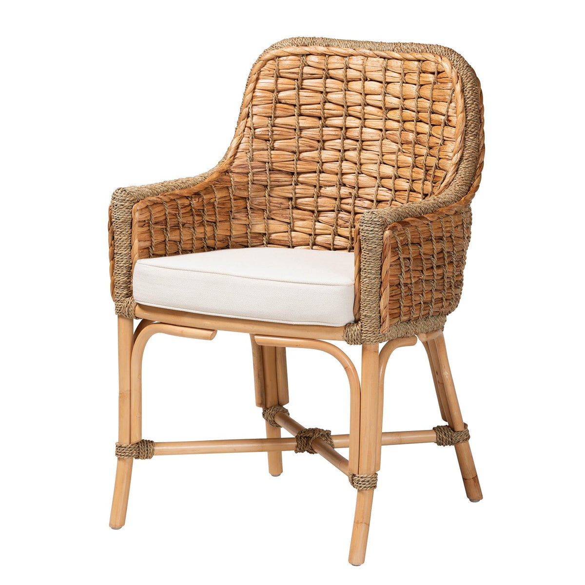 bali & pari Kyle Modern Bohemian Natural Brown Woven Rattan Dining Arm Chair with Cushion