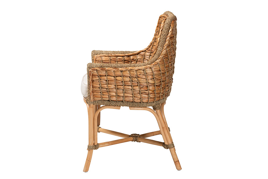 bali & pari Kyle Modern Bohemian Natural Brown Woven Rattan Dining Arm Chair with Cushion
