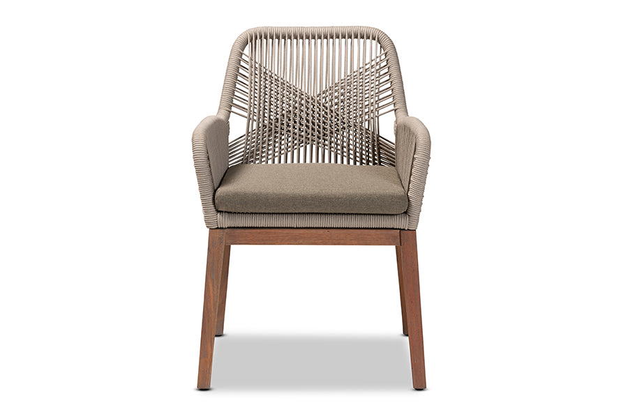 bali & pari Jennifer Mid-Century Transitional Grey Woven Rope Mahogany Dining Arm Chair