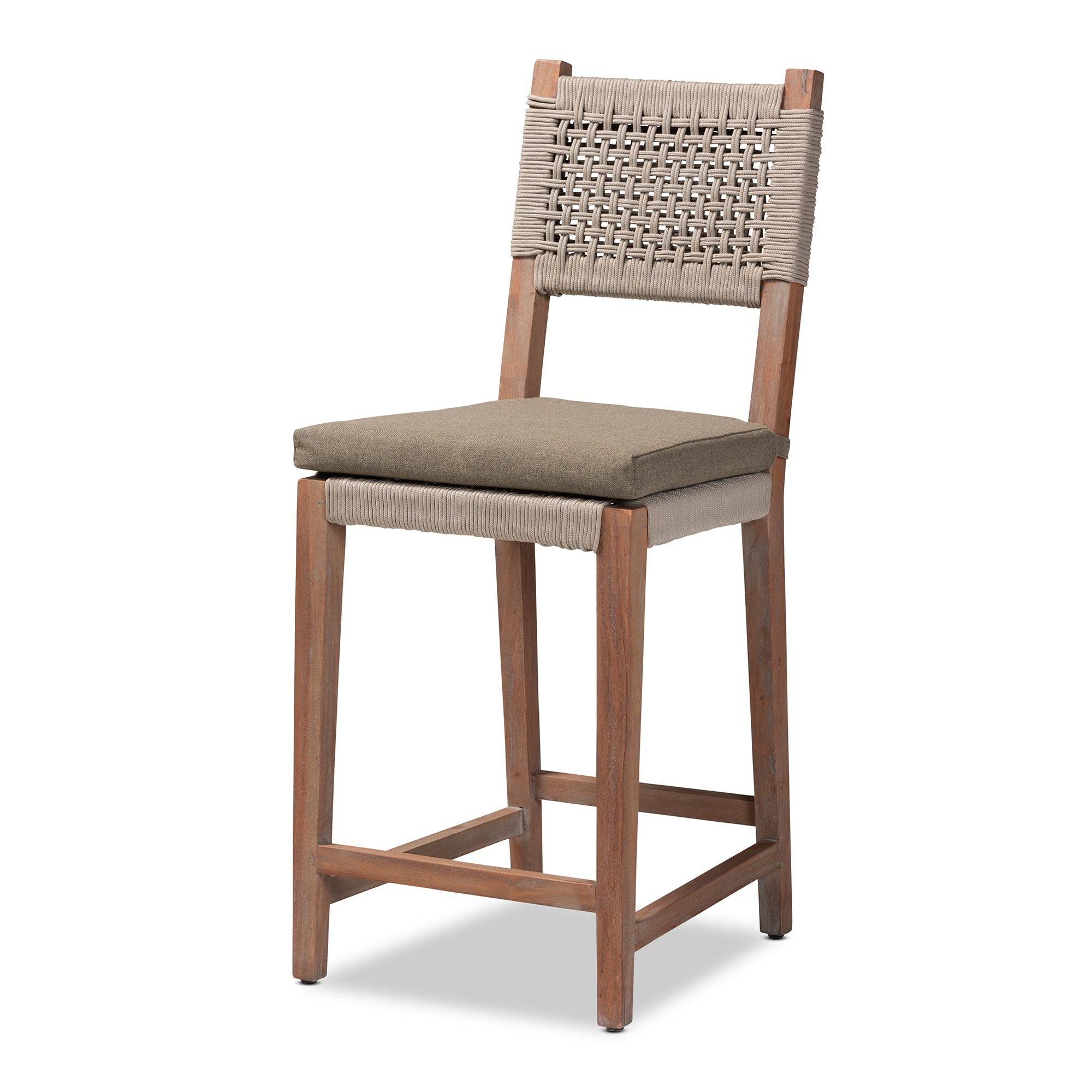 bali & pari Heyna Mid-Century Transitional Grey Woven Rope Mahogany Counter Stool