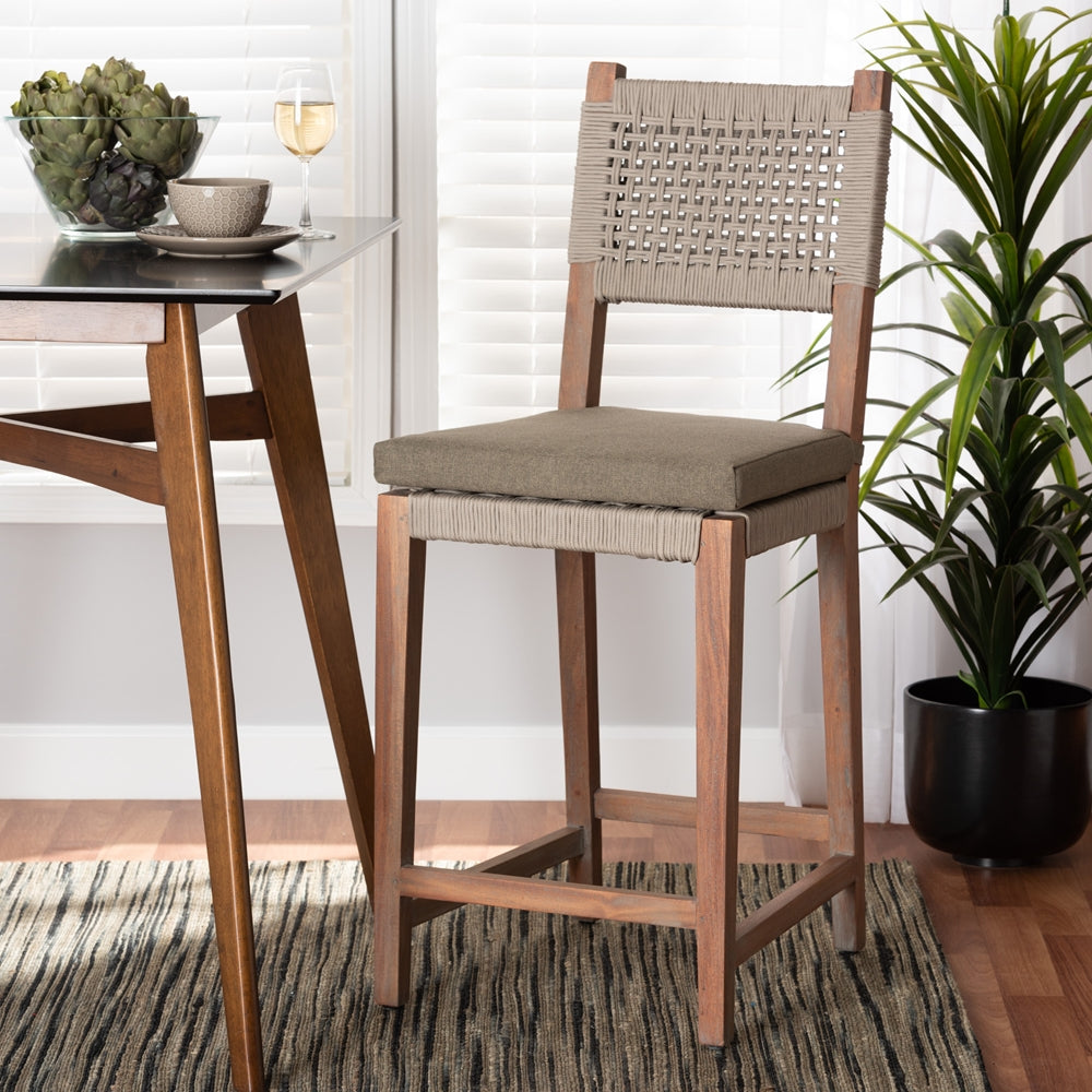 Heyna Mid-Century Transitional Grey Woven Rope Mahogany Counter Stool