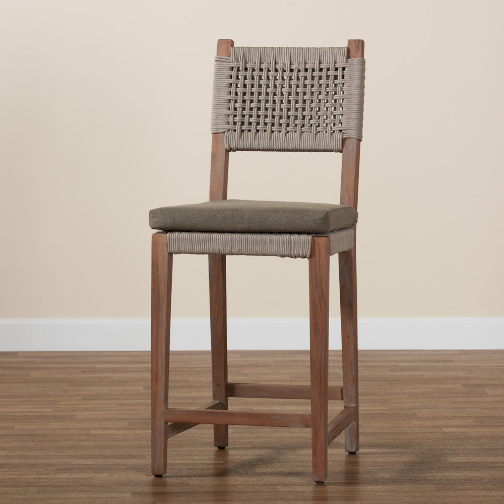 Heyna Mid-Century Transitional Grey Woven Rope Mahogany Counter Stool