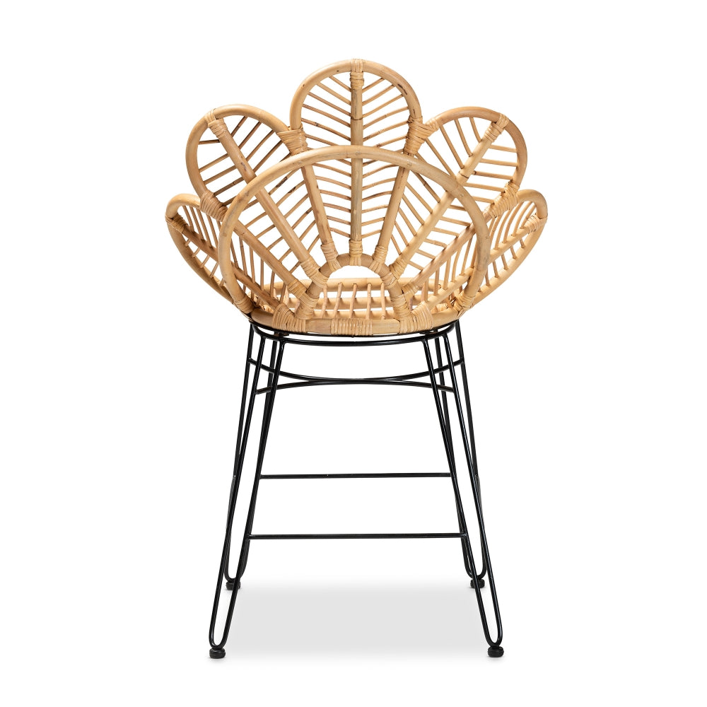 Garan Modern Bohemian Natural Brown Rattan and Black Metal Counter Stool