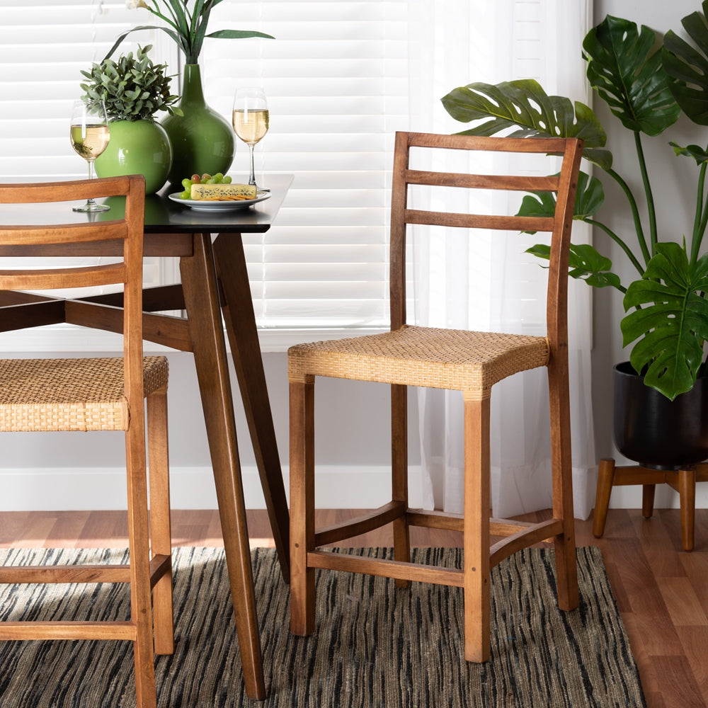 Arthur Mid-Century Modern Walnut Brown Mahogany Wood and Natural Rattan Counter Stool