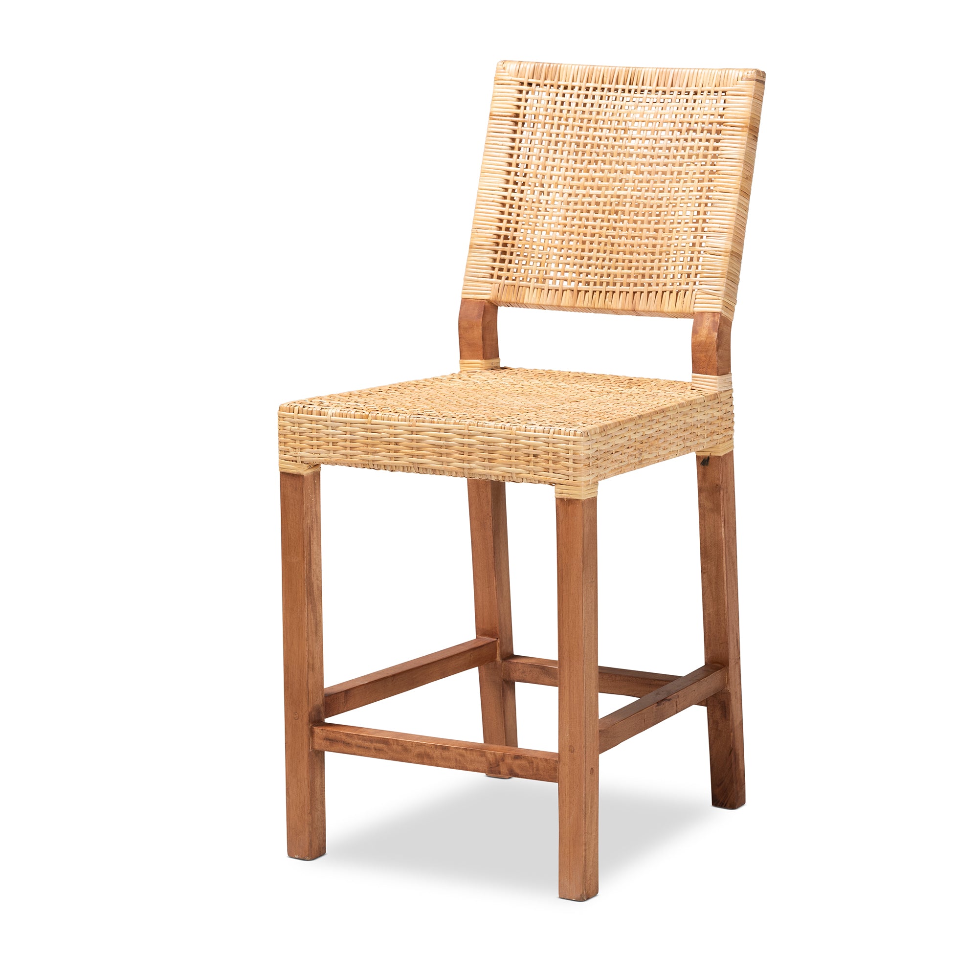 bali & pari Lesia Modern Bohemian Natural Brown Rattan and Walnut Brown Mahogany Wood Counter Stool