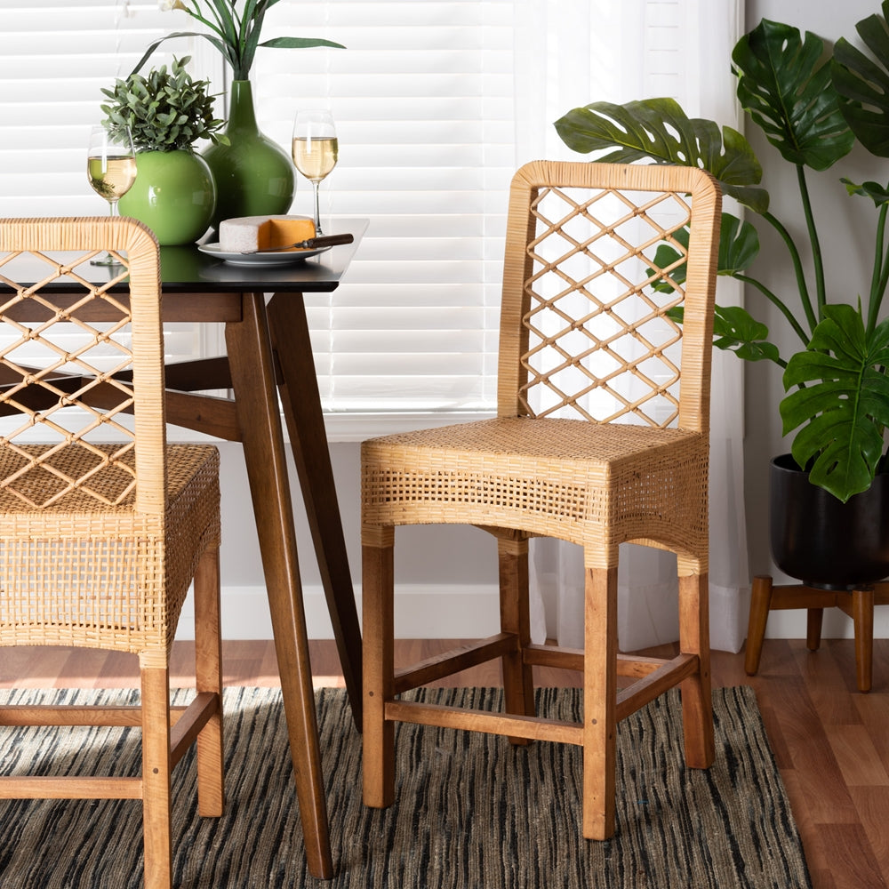 Moscow Modern Bohemian Natural Brown Rattan and Walnut Brown Mahogany Wood Counter Stool