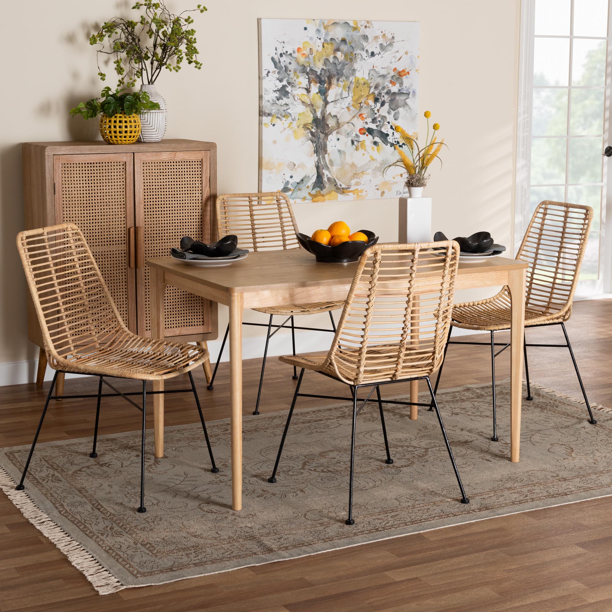 Manhattan Modern Bohemian Rattan and Natural Oak Finished Wood 5-Piece Dining Set