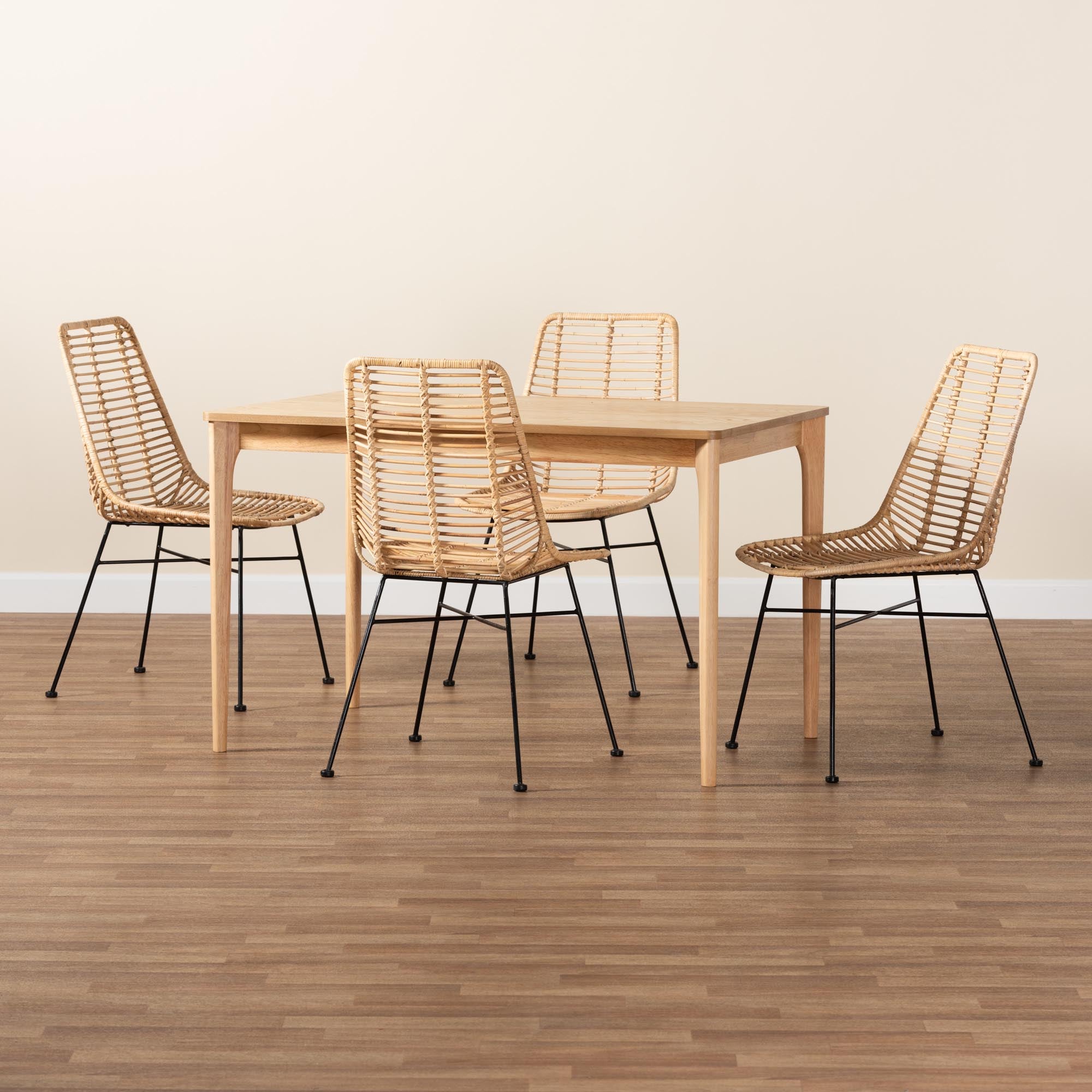 Manhattan Modern Bohemian Rattan and Natural Oak Finished Wood 5-Piece Dining Set