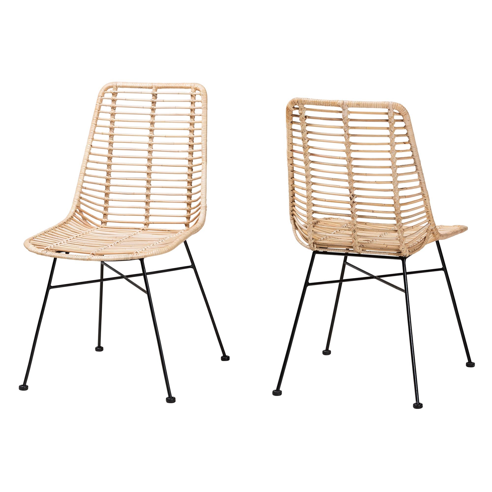bali & pari Manhattan Modern Bohemian Natural Brown Rattan and Black Metal 2-Piece Dining Chair Set