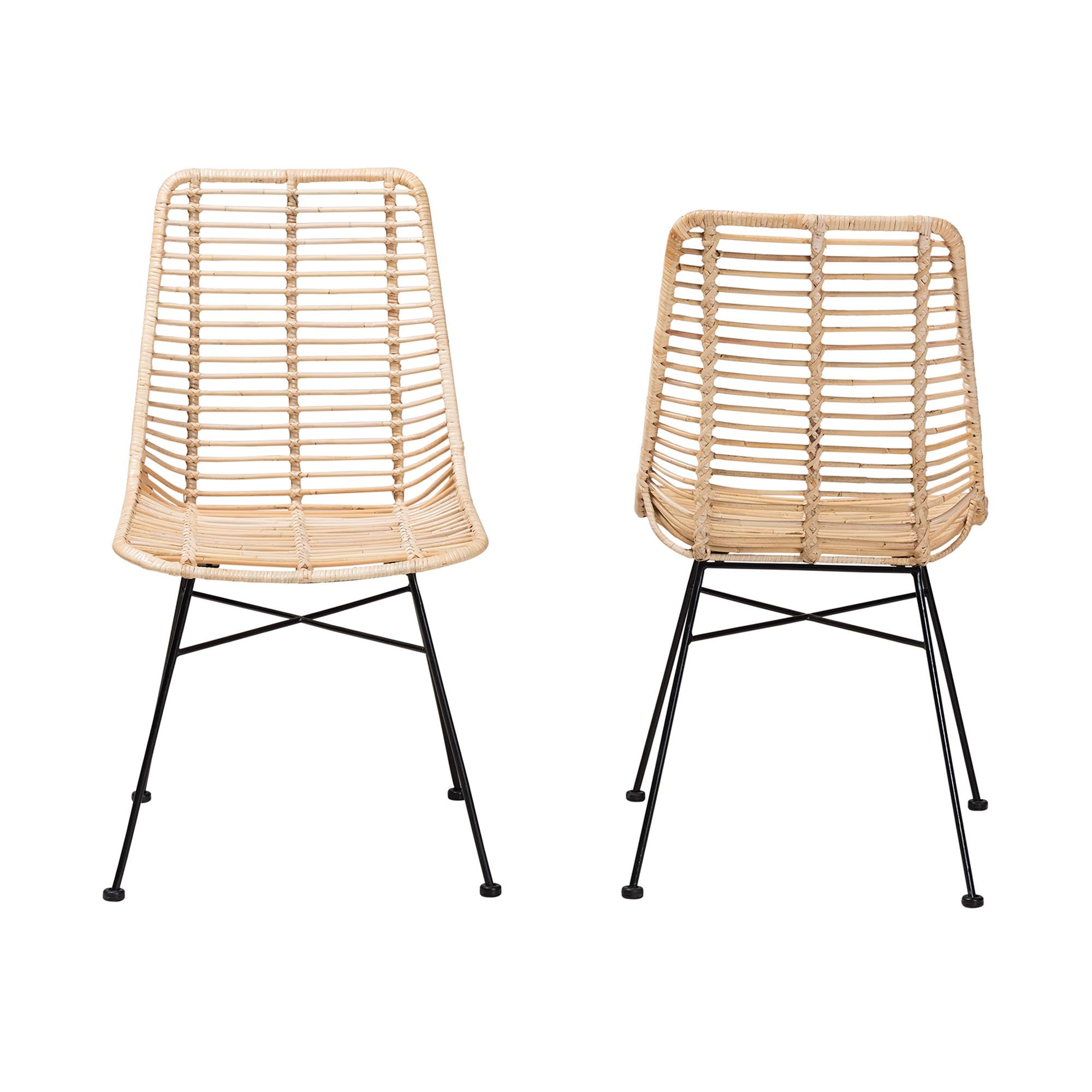 bali & pari Manhattan Modern Bohemian Natural Brown Rattan and Black Metal 2-Piece Dining Chair Set
