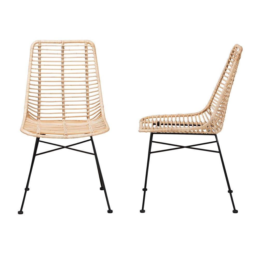 bali & pari Manhattan Modern Bohemian Natural Brown Rattan and Black Metal 2-Piece Dining Chair Set