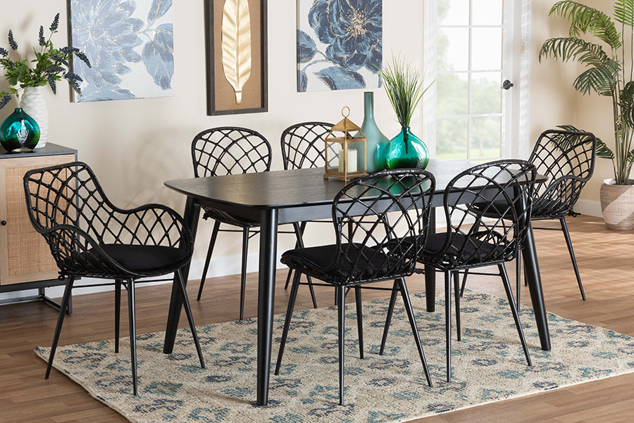 Aniceta Modern Bohemian Black Finished Wood and Rattan 7-Piece Dining Set
