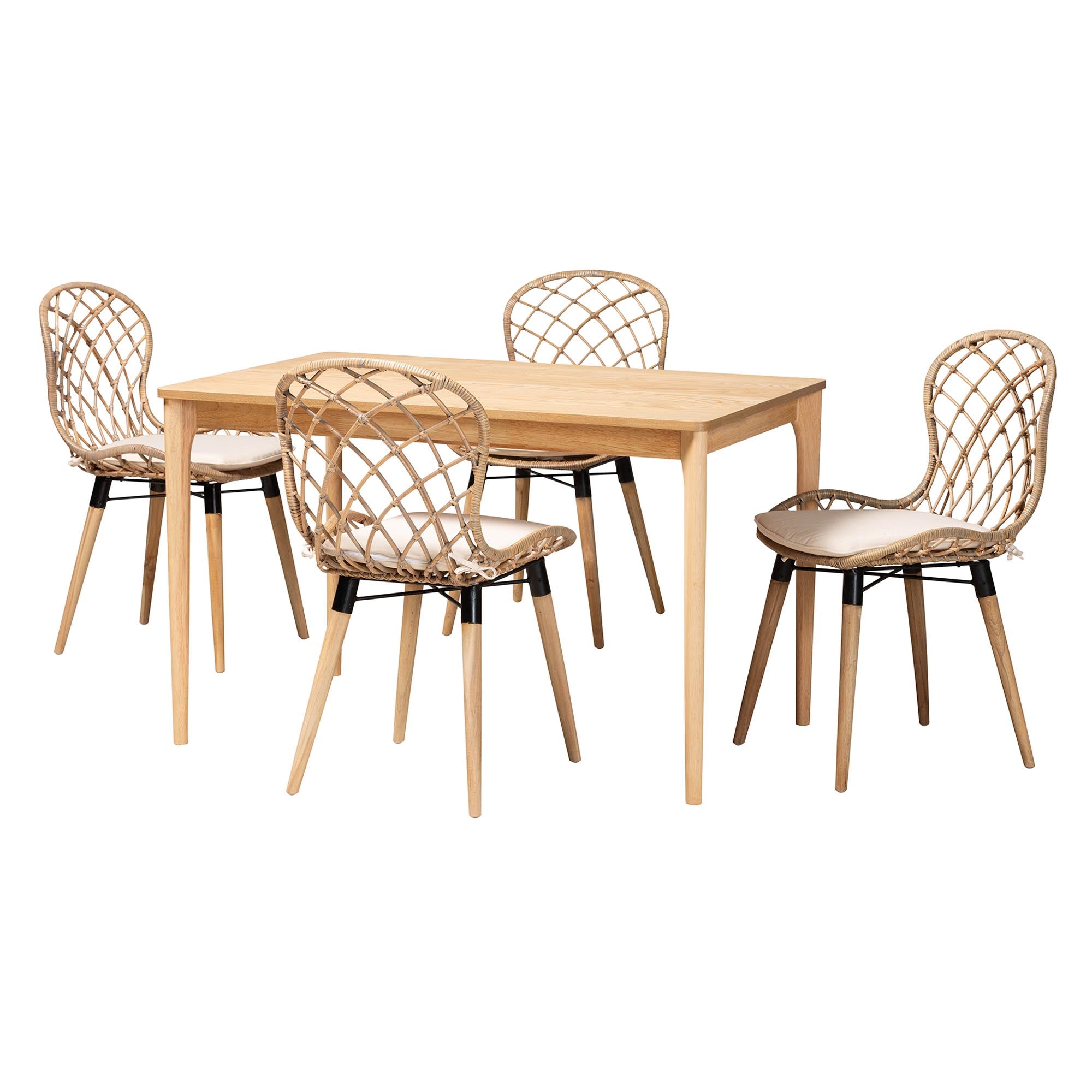 Baxton Studio Sabelle Modern Bohemian Greywashed Rattan and Natural Brown Finished Wood 5-Piece Dining Set