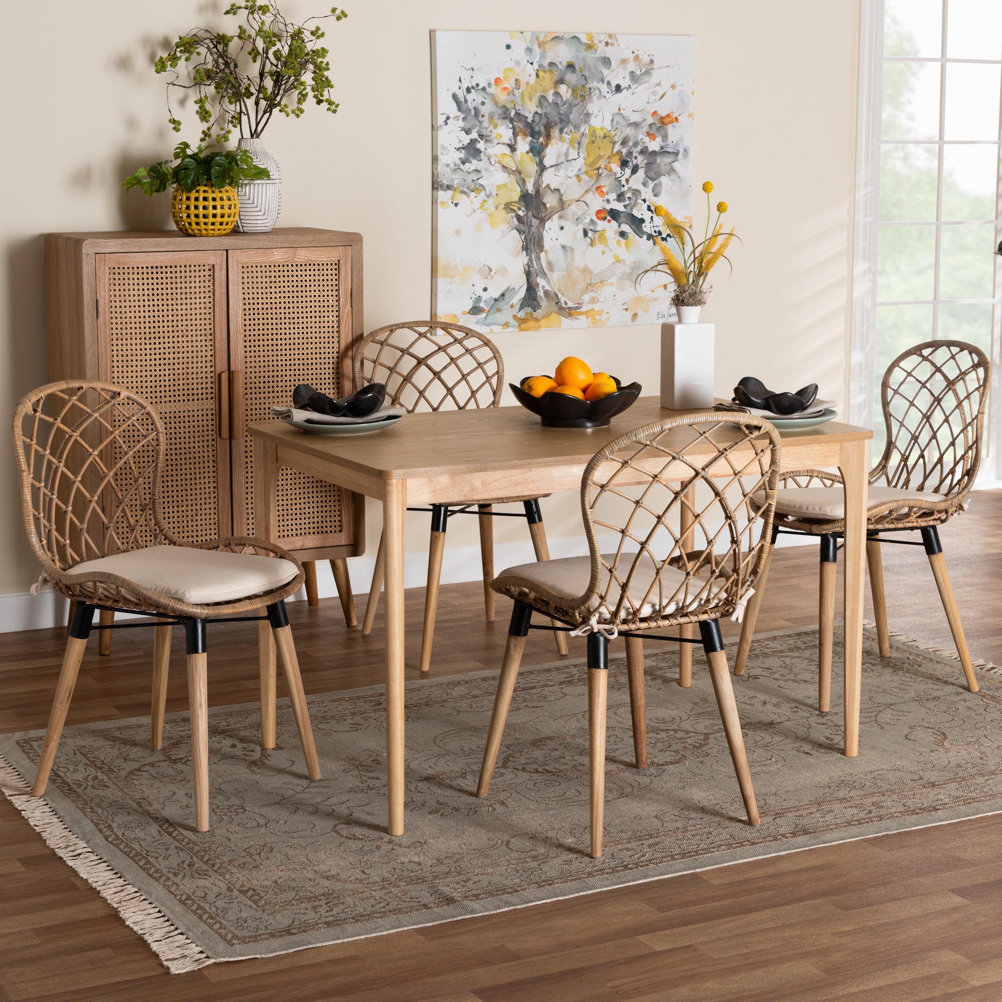Sabelle Modern Bohemian Greywashed Rattan and Natural Brown Finished Wood 5-Piece Dining Set